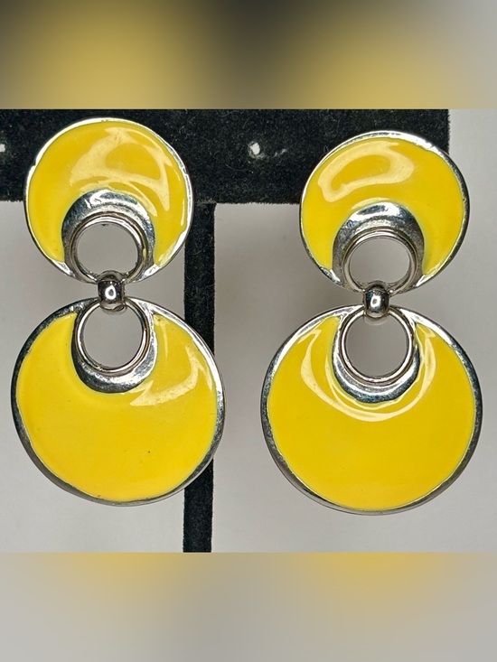 Jewelry - Vintage 1980s Glam Yellow Enamel Dangle‎ Pierced Earrings Silver Tone Statement